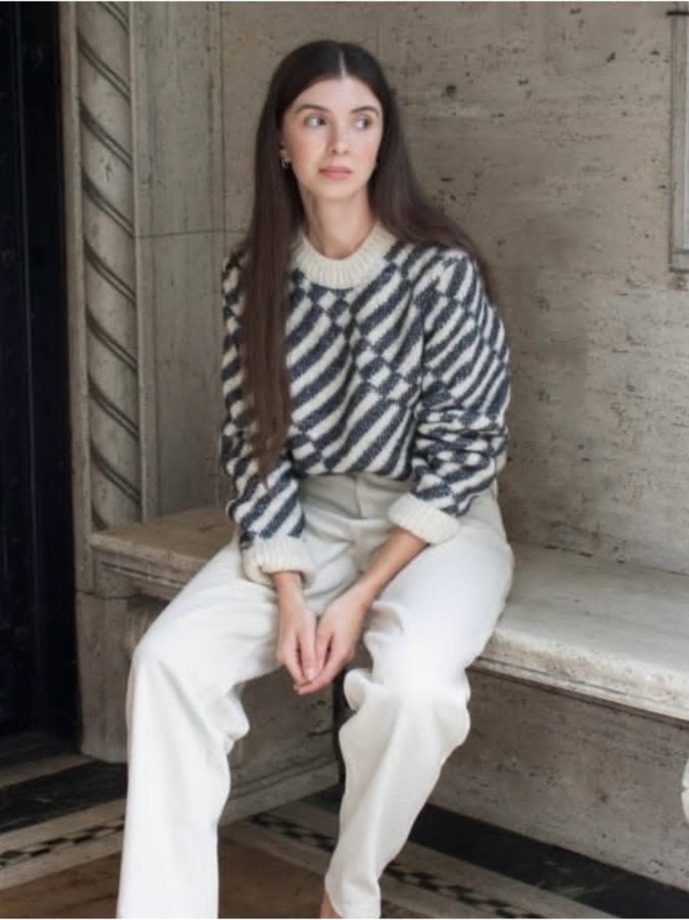 Striped Crewneck Sweater in Ivory and Charcoal - Picture 6 of 8